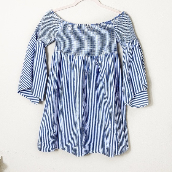Zara Woman Off Shoulder Shirred Tunic or Mini Dress Coastal Stripe White Blue XS - Picture 3 of 9